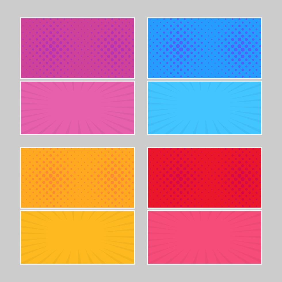 Set of multi colored pop art banners. Halftone comic template with place for your text for design. Vector illustration