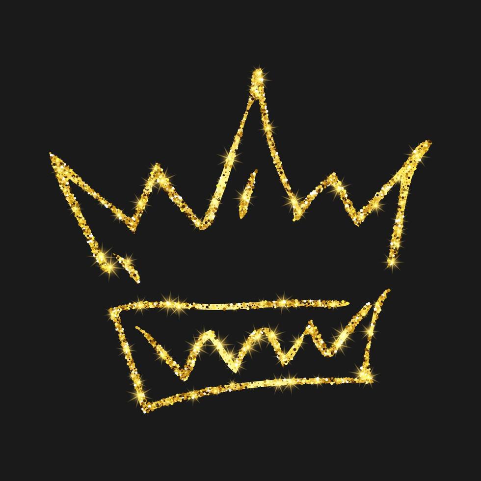 Gold glitter hand drawn crown. Simple graffiti sketch queen or king crown. Royal imperial coronation and monarch symbol isolated on dark background. Vector illustration.