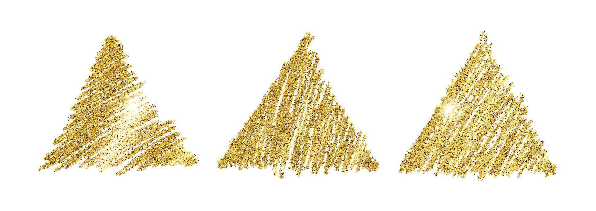 Set of three golden paint hand drawn glittering triangles on a white background. Background with gold sparkles and glitter effect. Empty space for your text. Vector illustration