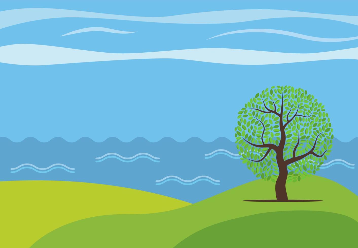 paisaje de dibujos animados panorámicos vectoriales con el árbol solitario contra el mar. vector