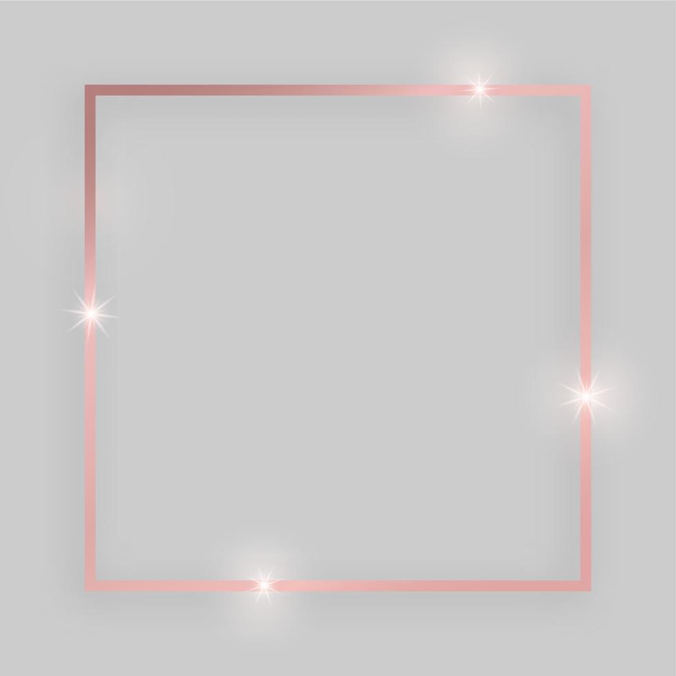 marco brillante con efectos brillantes. marco cuadrado de oro rosa con sombra sobre fondo gris. ilustración vectorial vector