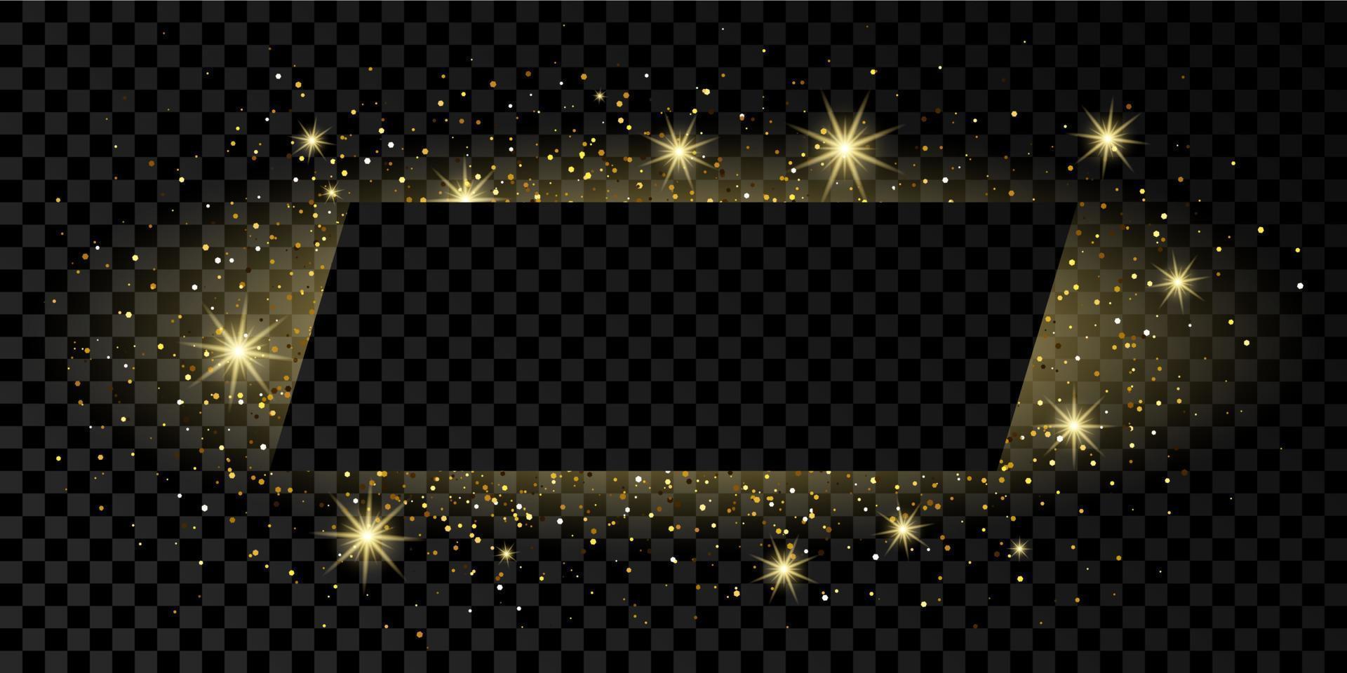 Golden rectangle frame with glitter, sparkles and flares on dark transparent background. Empty luxury backdrop. Vector illustration.