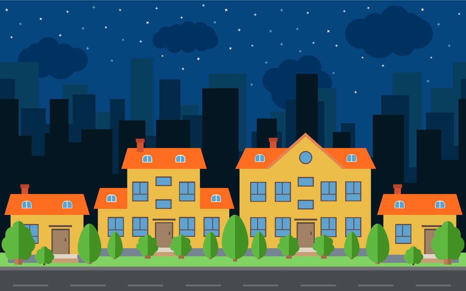 Vector night city with cartoon houses and buildings with green trees and shrubs. City space with road on flat style background concept. Summer urban landscape