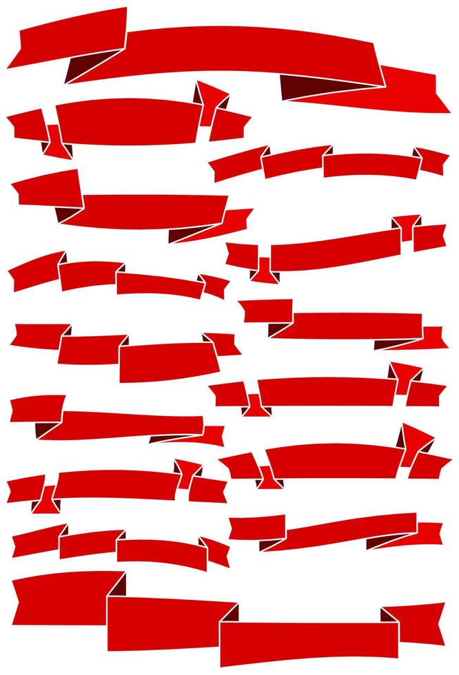 Set of fifteen red cartoon ribbons and banners for web design. Great design element isolated on white background. Vector illustration.