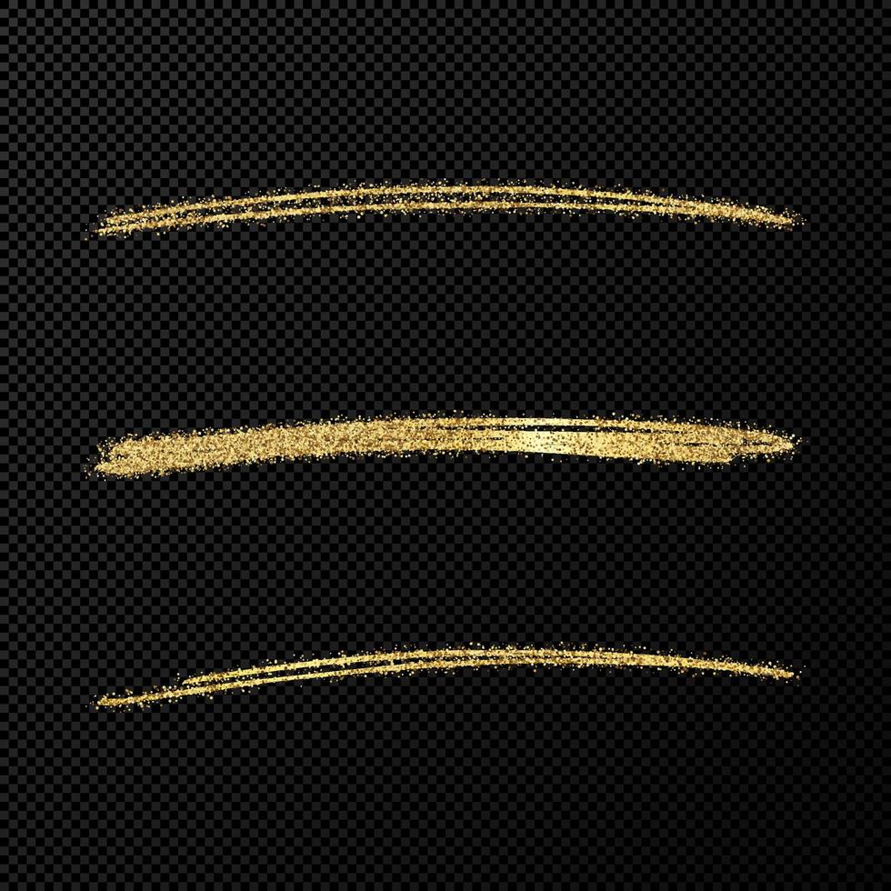 Abstract shiny confetti glittering waves. Set of three hand drawn brush golden strokes on black vector