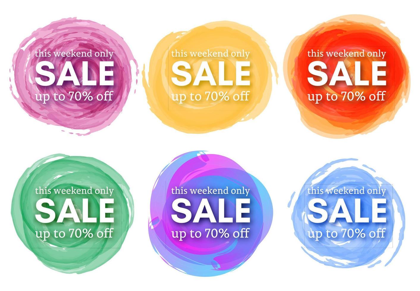 Set of Six Sale this weekend only up to 70 off sign with shadow over red watercolor spot. Vector illustration
