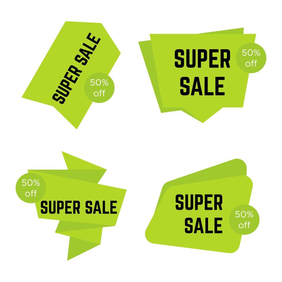 Set of four green super sale stickers with text. Sale label template. Vector illustration