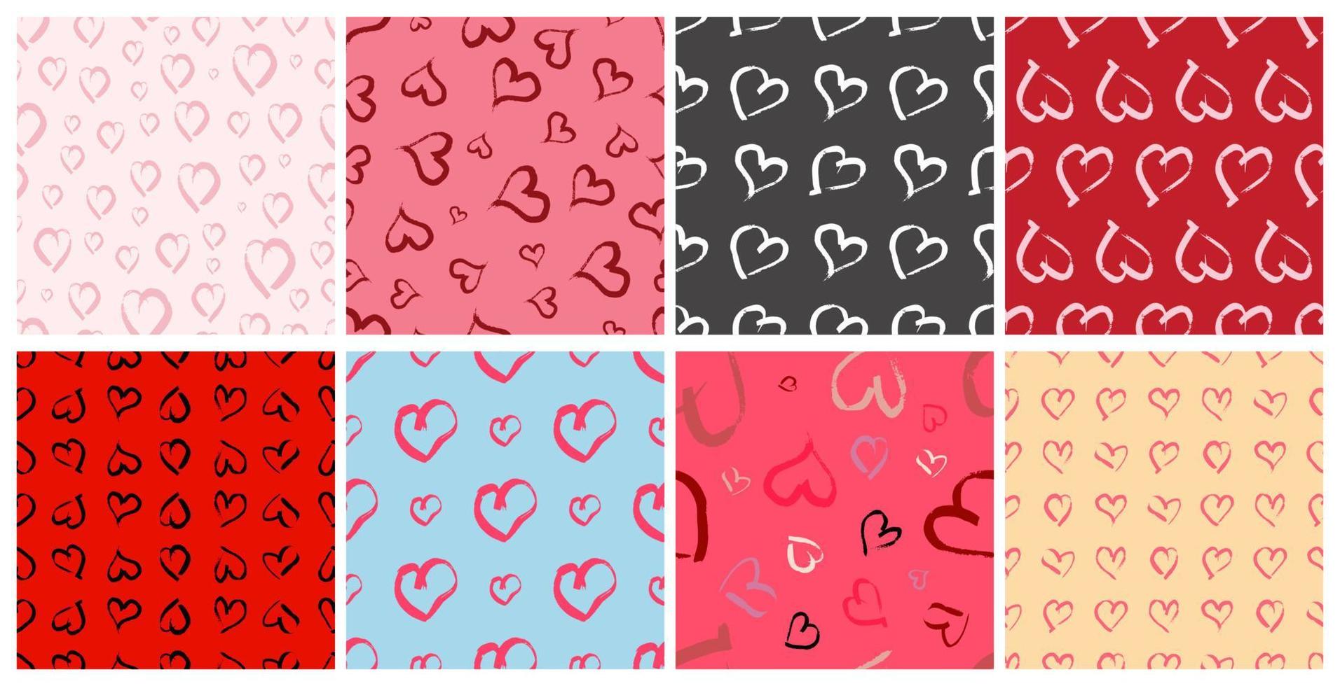 Set of eight seamless pattern with hand drawn hearts. Doodle grunge heart. Vector illustration.