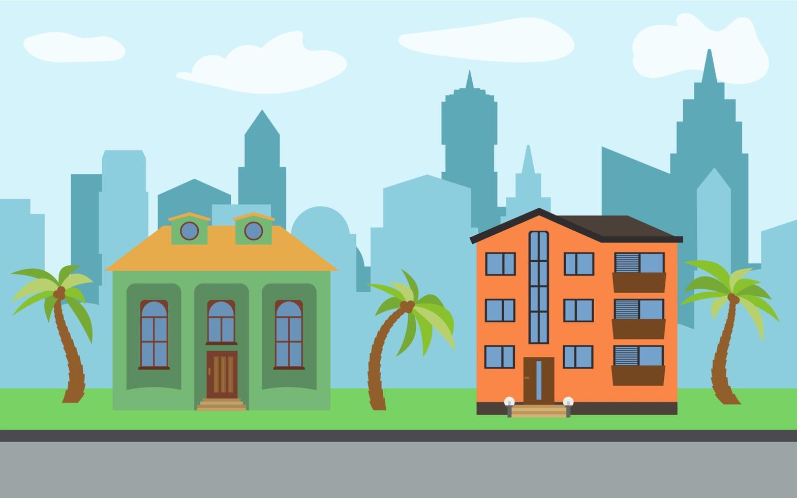 Vector city with two-story and three-story cartoon houses and palm trees in the sunny day. Summer urban landscape. Street view with cityscape on a background