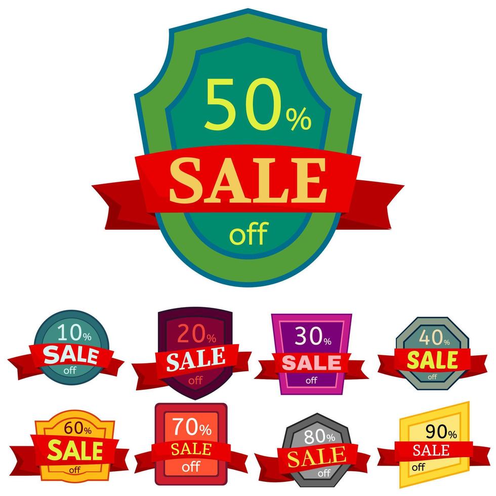 Set of different nine discount stickers. Colorful badges with red ribbon for sale 10 - 90 percent off. Vector illustration.