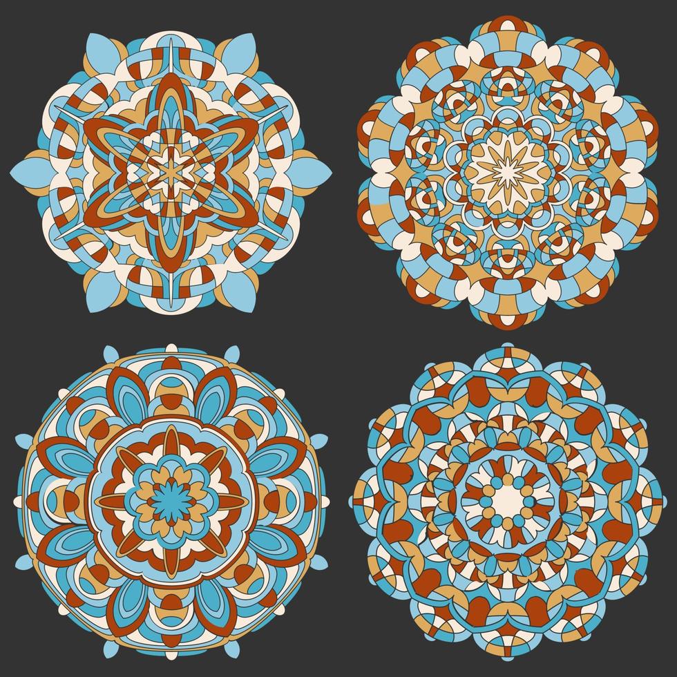 Set of Multicolored Vector Mandala. Mandala vector for art, coloring book, zendoodle. Circle Abstract Object Isolated On Black Background.