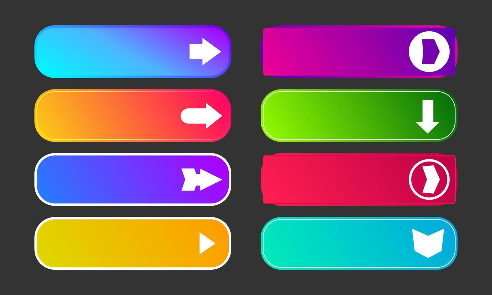 Colorful gradient buttons with arrows. Set of eight modern abstract web buttons. Vector illustration