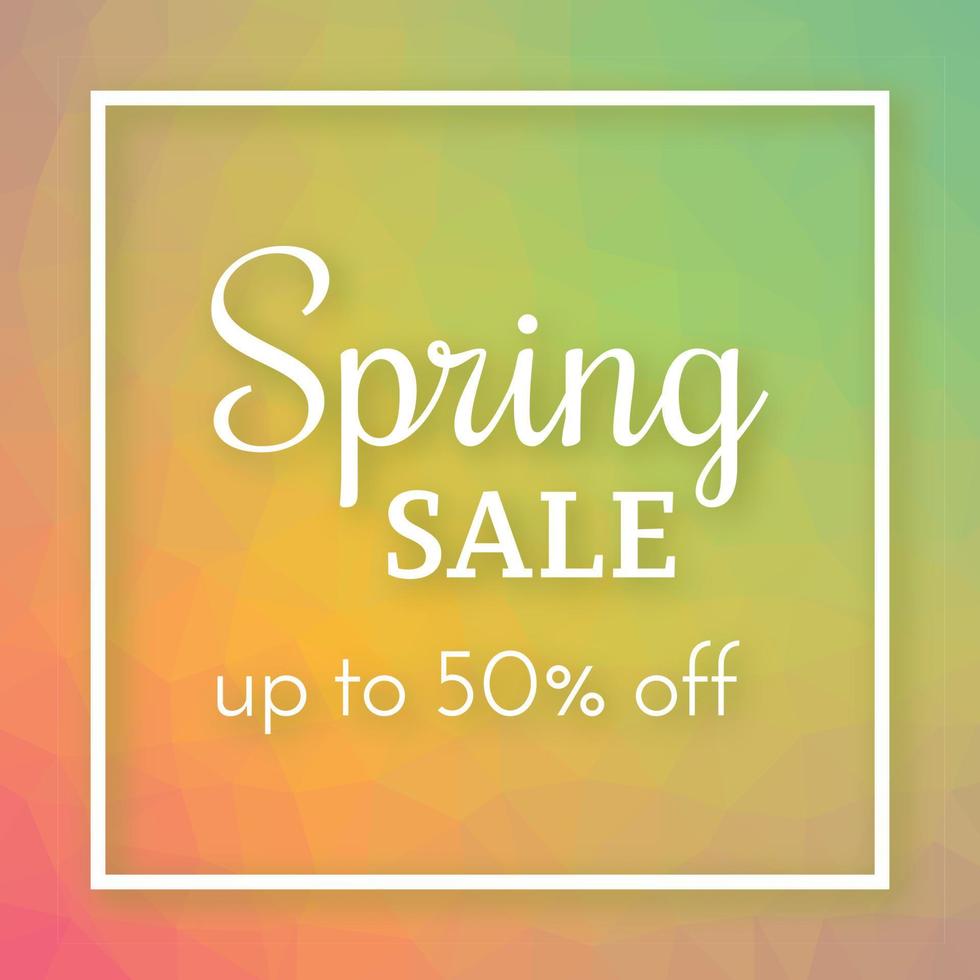 Spring sale banner and up to 50 off sign on colorful polygonal background. Vector illustration
