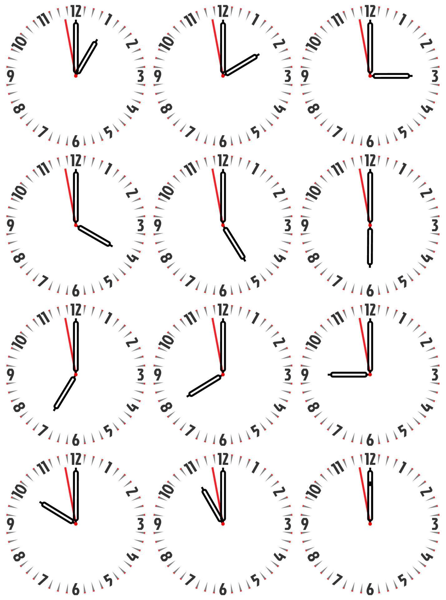 A set of mechanical clocks with an image of each of the twelve hours