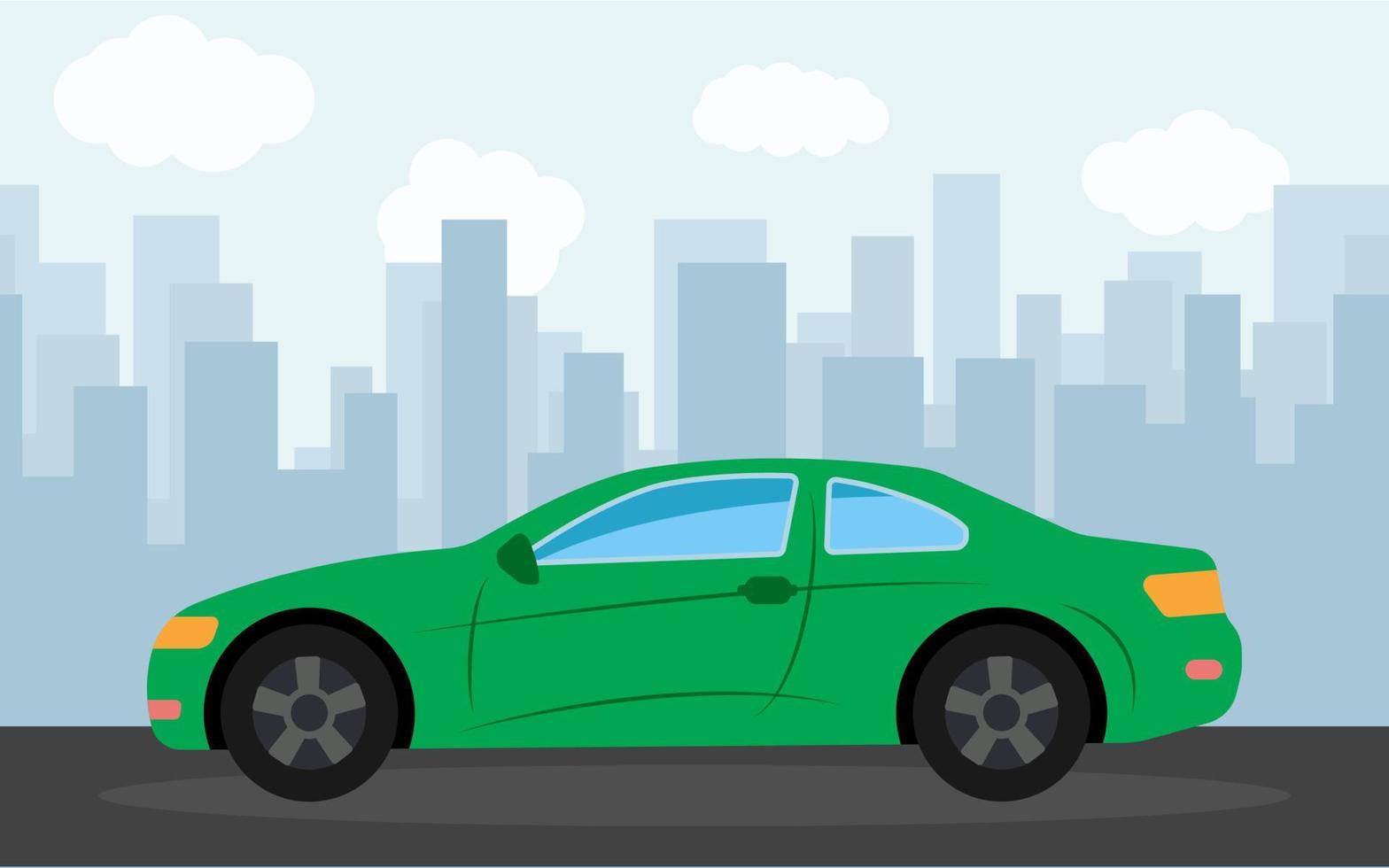 Green sports car in the background of skyscrapers in the afternoon. Vector illustration.