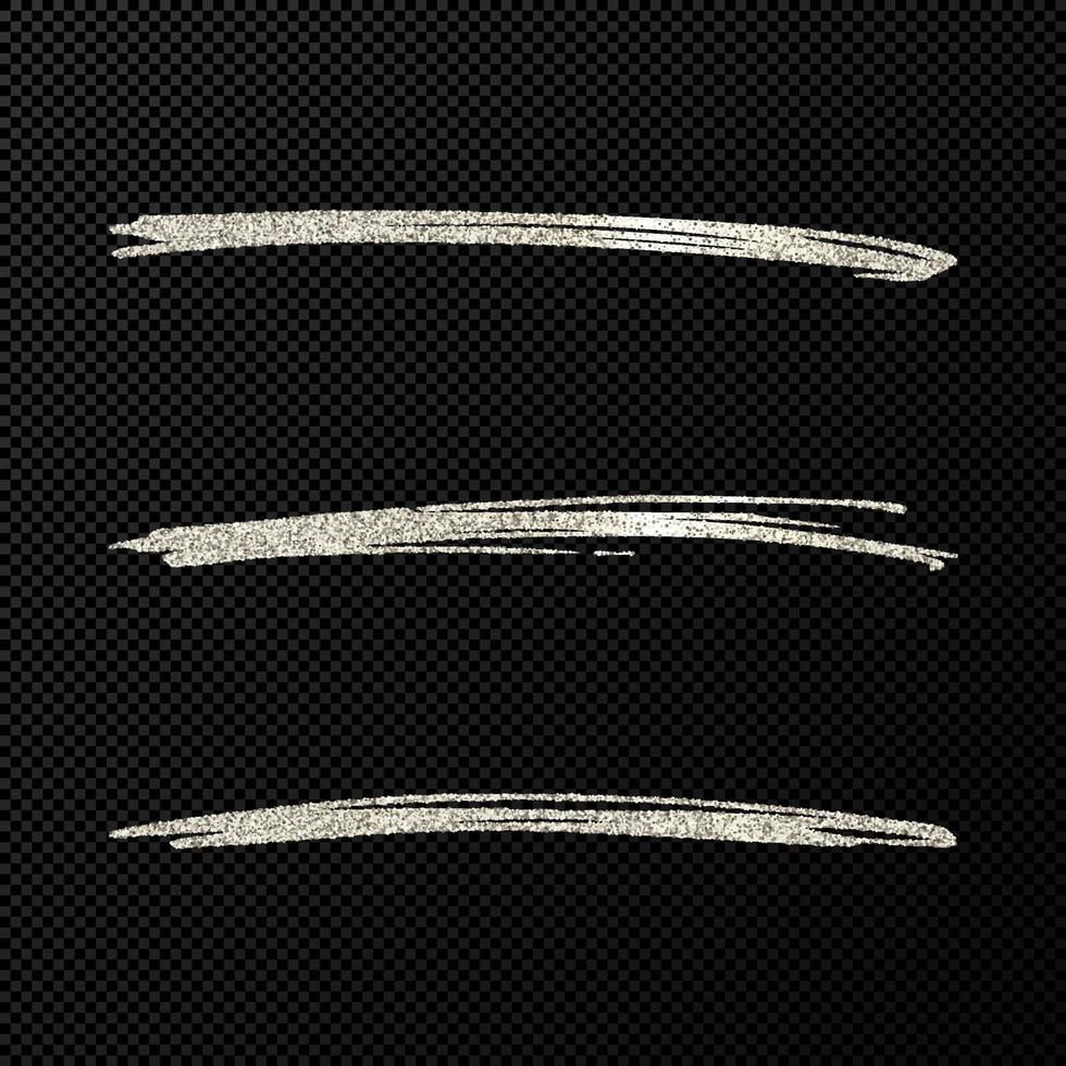 Abstract shiny confetti glittering waves. Set of three hand drawn brush silver strokes on black vector