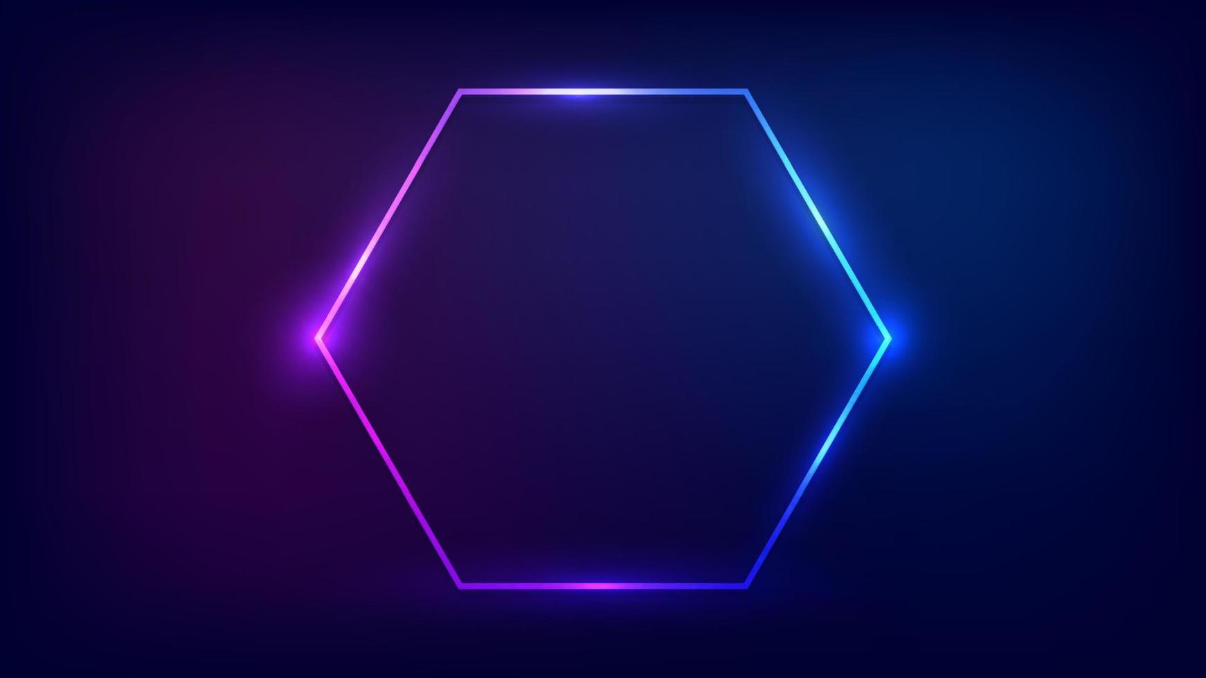 Neon hexagon frame with shining effects on dark background. Empty glowing techno backdrop. Vector illustration.