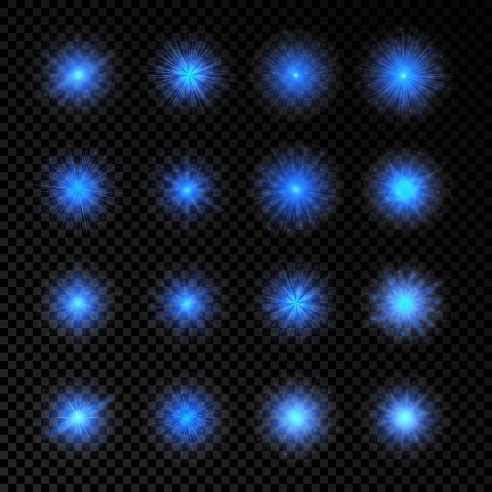 Light effect of lens flares. Set of sixteen blue glowing lights starburst effects with sparkles vector