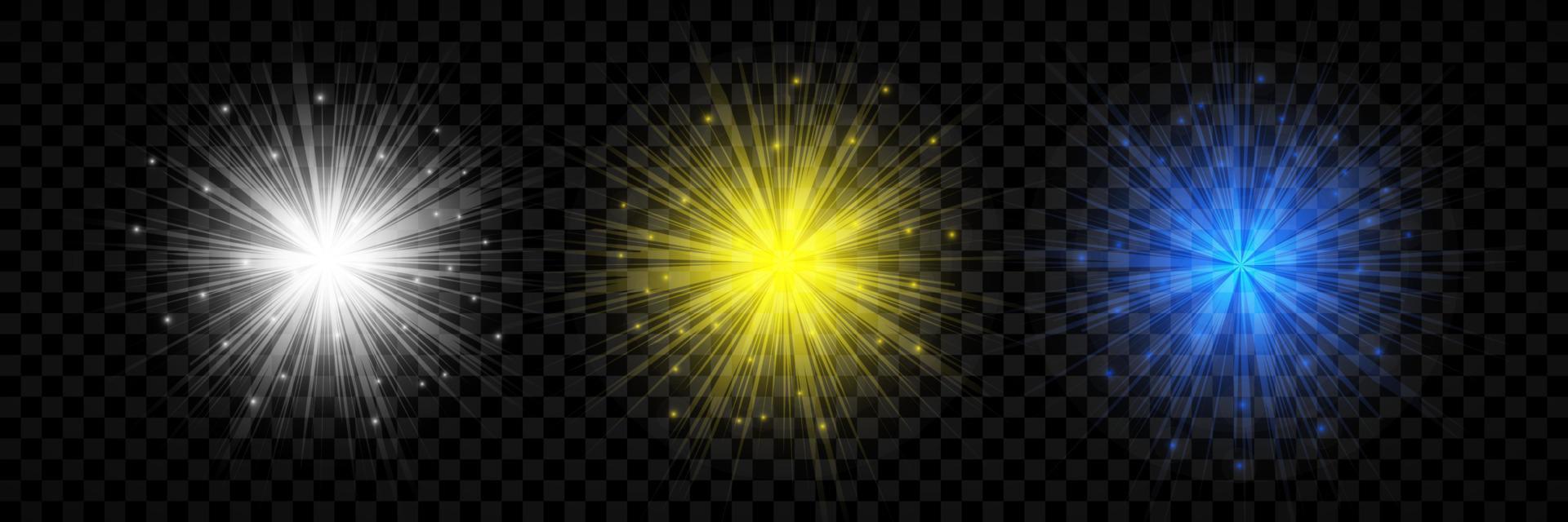 Light effect of lens flares. Set of three white, yellow and blue glowing lights starburst effects with sparkles vector