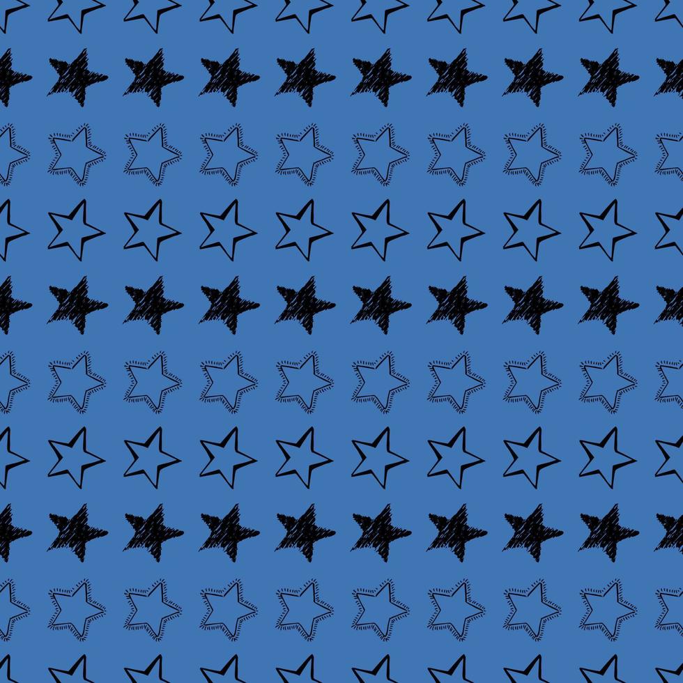 Seamless background of doodle stars. Black hand drawn stars on blue background. Vector illustration