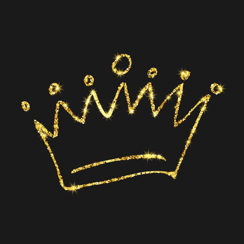 Gold glitter hand drawn crown. Simple graffiti sketch queen or king crown. Royal imperial coronation and monarch symbol isolated on dark background. Vector illustration.