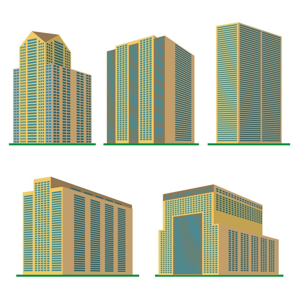 Set of five modern high-rise building on a white background. View of the building from the bottom. Isometric vector illustration.