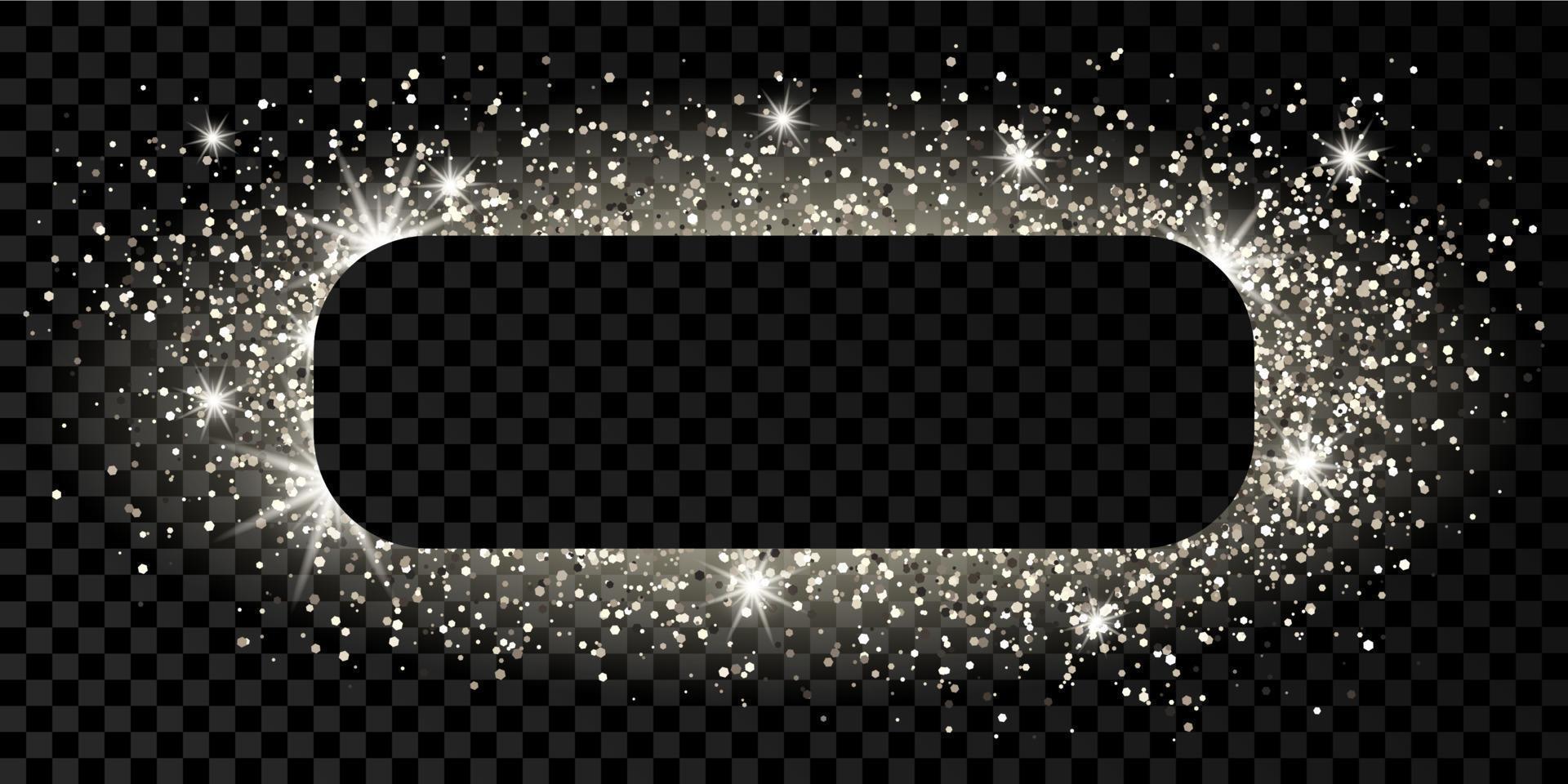 Silver rounded rectangle frame with glitter, sparkles and flares on dark vector