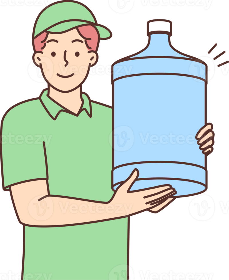 Man works as water delivery man holding large water cooler bottle in hands png