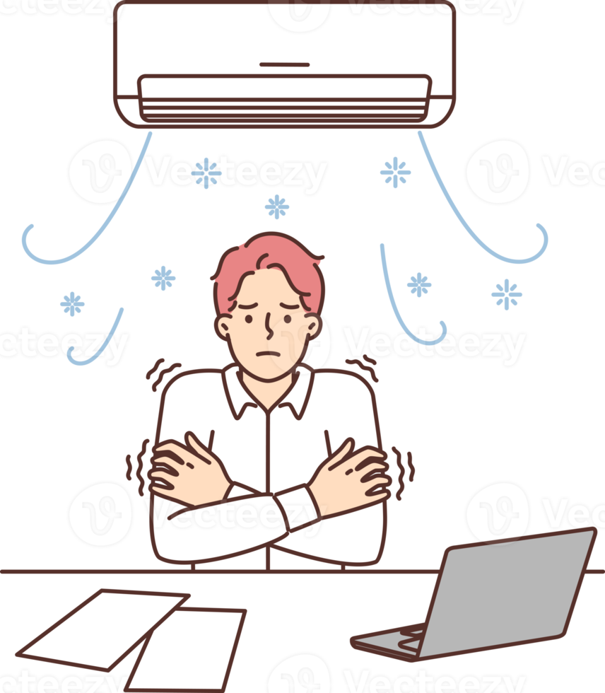 Man sitting at office desk under air conditioner freezes due to cold temperatures png