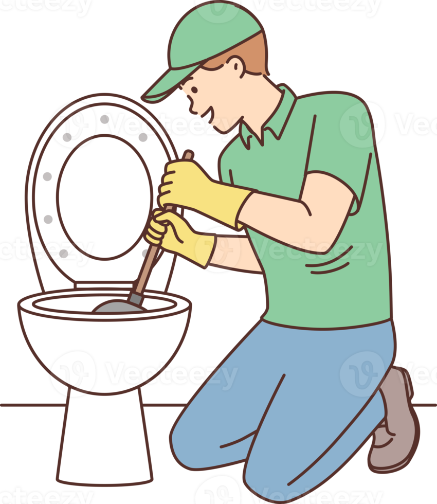Plumber is repairing toilet bowl using plunger to clean pipes after clogged sewer png