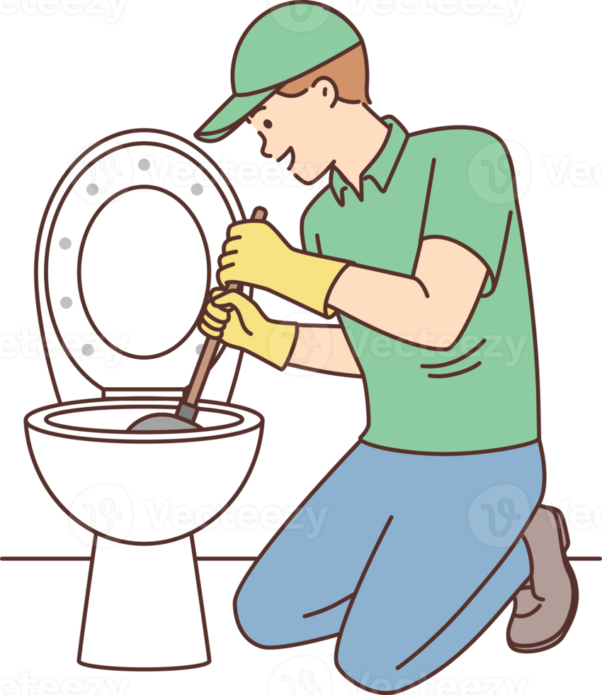 Free Plumber is repairing toilet bowl using plunger to clean pipes