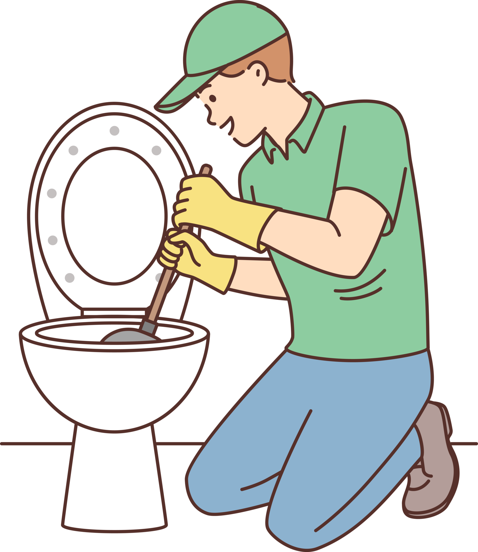 Free Plumber is repairing toilet bowl using plunger to clean pipes