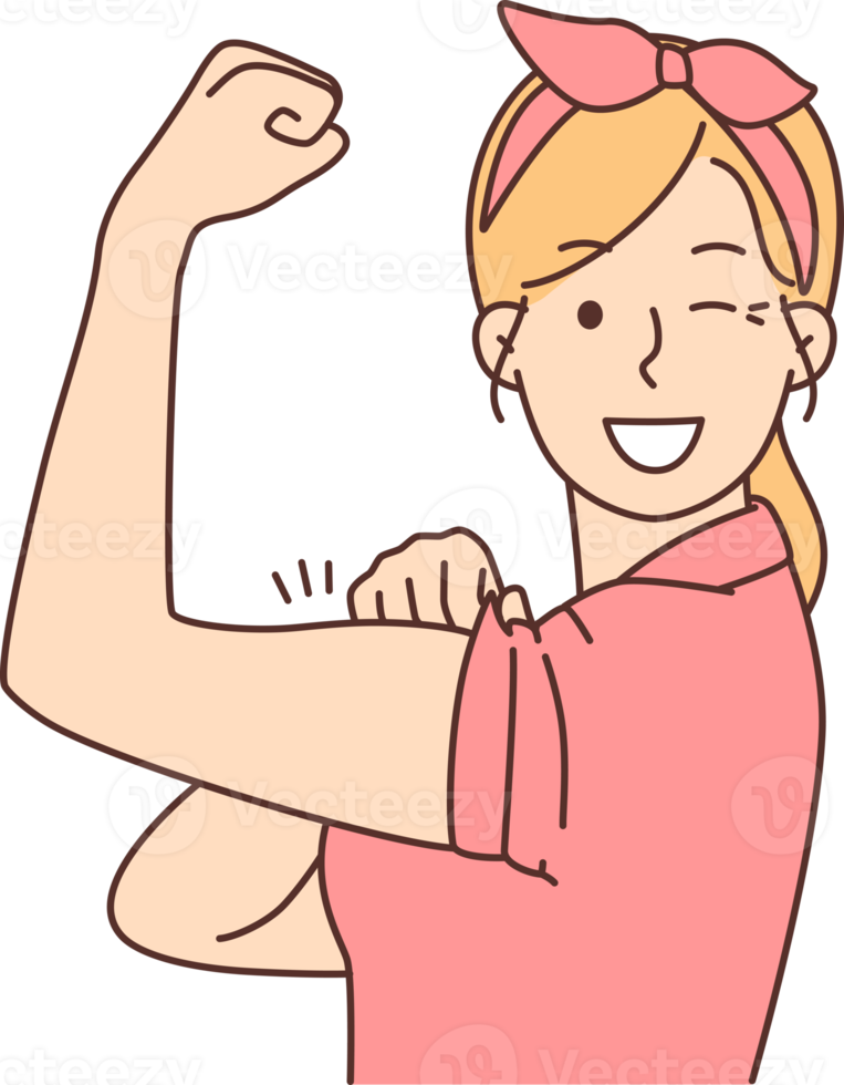 Smiling woman show muscles feeling powerful png