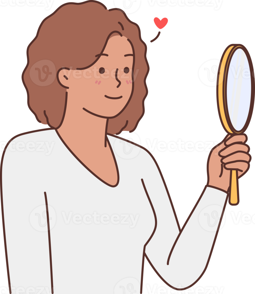 Smiling black woman look in mirror loving reflection png