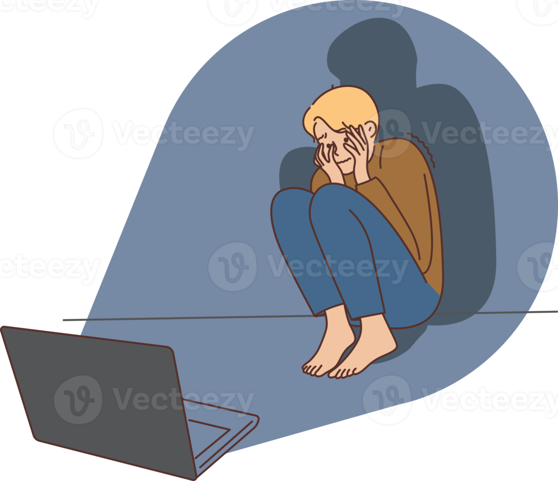 Scared boy afraid of movie on laptop png