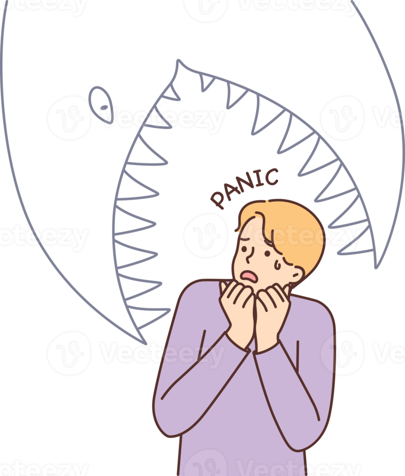 effrayé homme ayant panique attaque imaginer géant poisson en essayant à manger lui png
