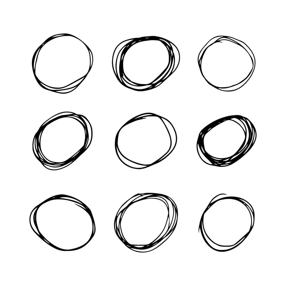 Hand drawn scribble circles. Set of nine black doodle round circular design elements on white background. Vector illustration