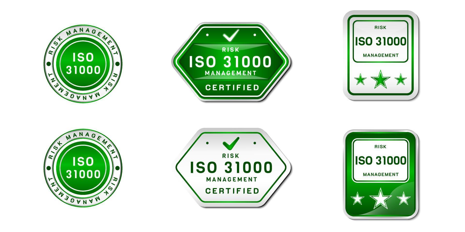 ISO 31000 Certified Label Stamp. Risk Management Sign. With check, and star icon. On gradient green and white color. Premium and luxury emblem vector template