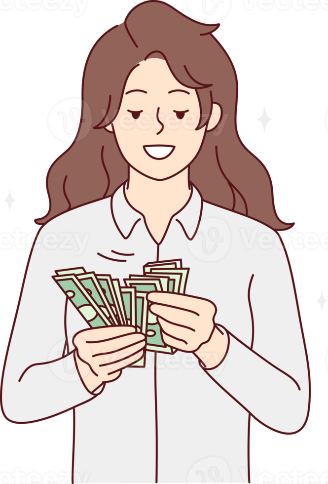 Smiling woman counting money banknotes png