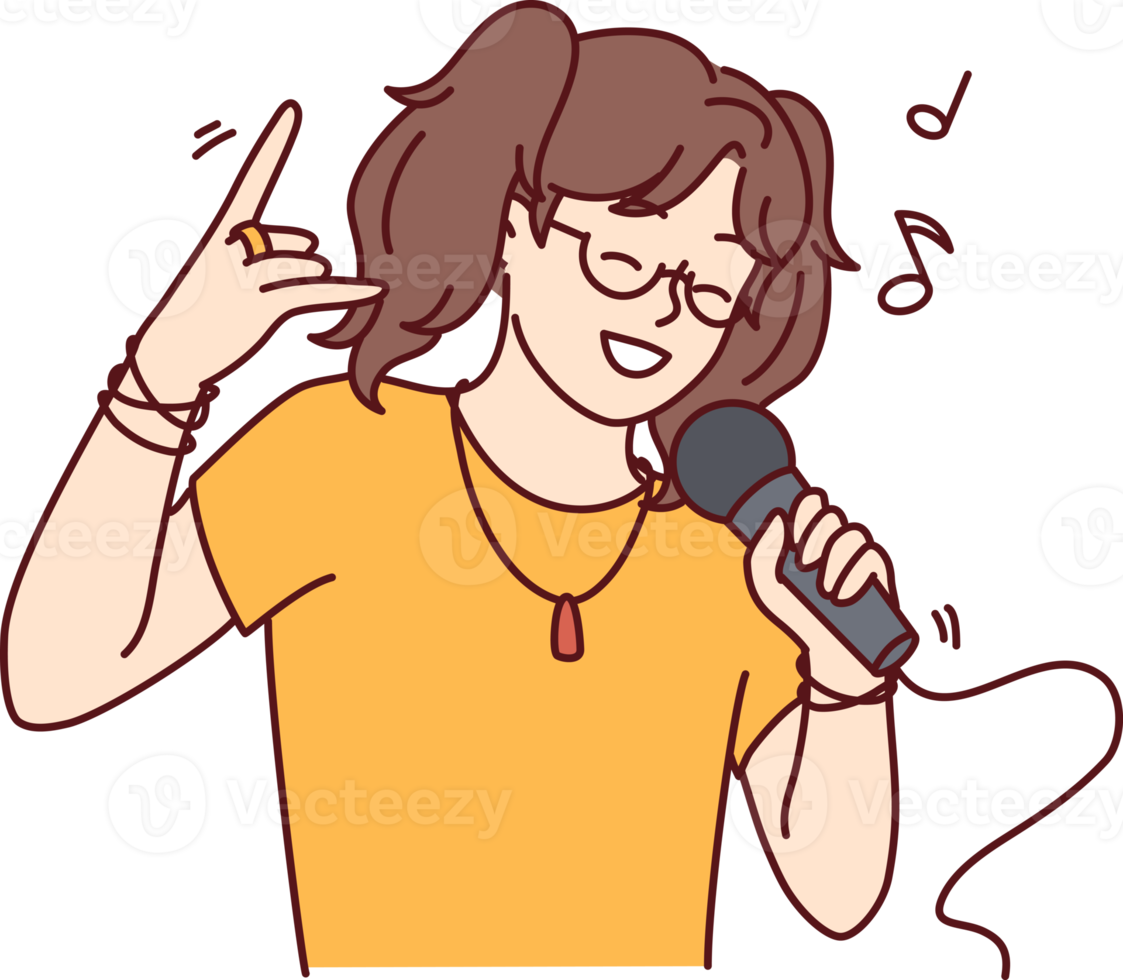 Happy girl sing in microphone png