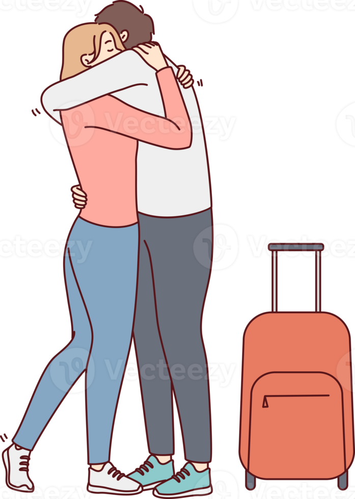 Woman hugging man with suitcase png