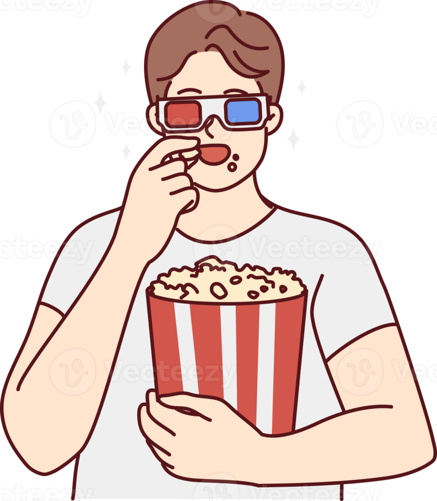 homme dans 3d des lunettes en mangeant pop corn png