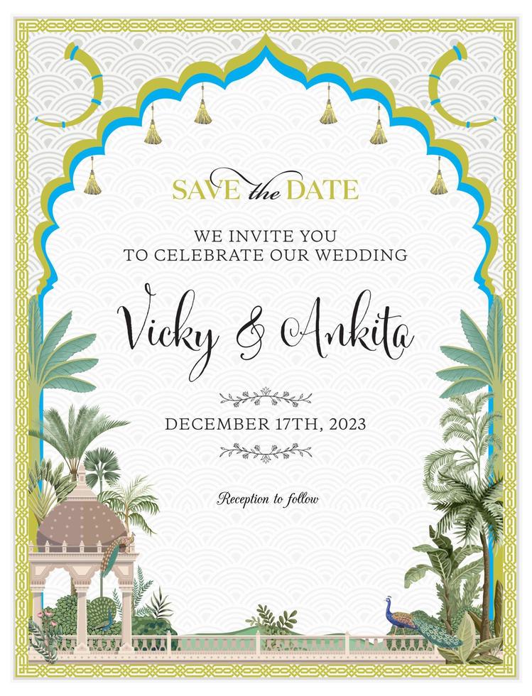 tradicional Mughal Boda tarjeta diseño. oriental marco con tropical árbol invitación tarjeta para impresión vector ilustración.