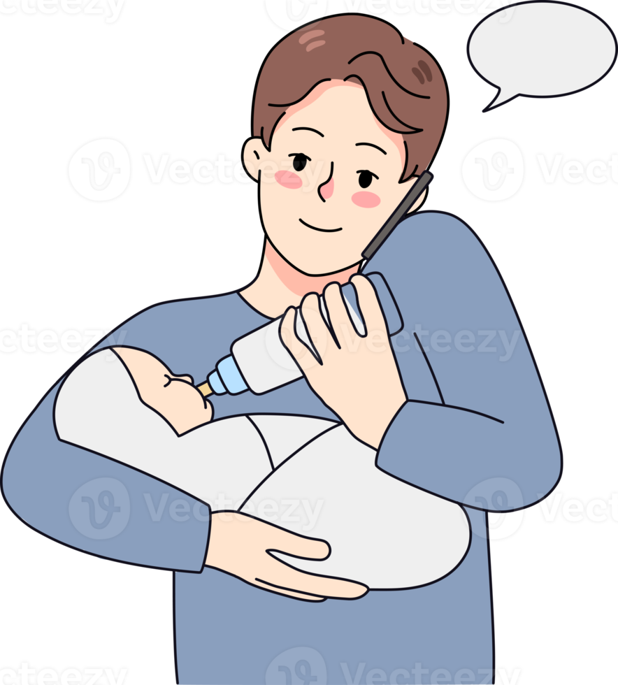 Father feeding newborn talking on phone png