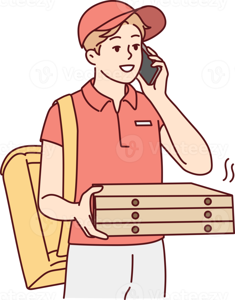 Deliveryman with pizza boxes calling client png