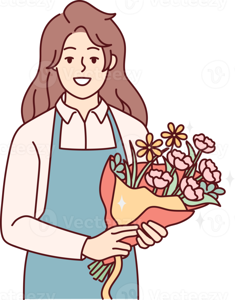 leende kvinna blomsterhandlare med bukett png