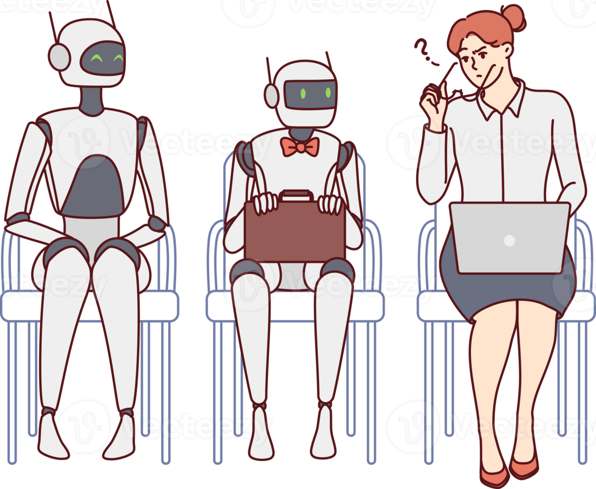 Confused woman in line with robots in office png