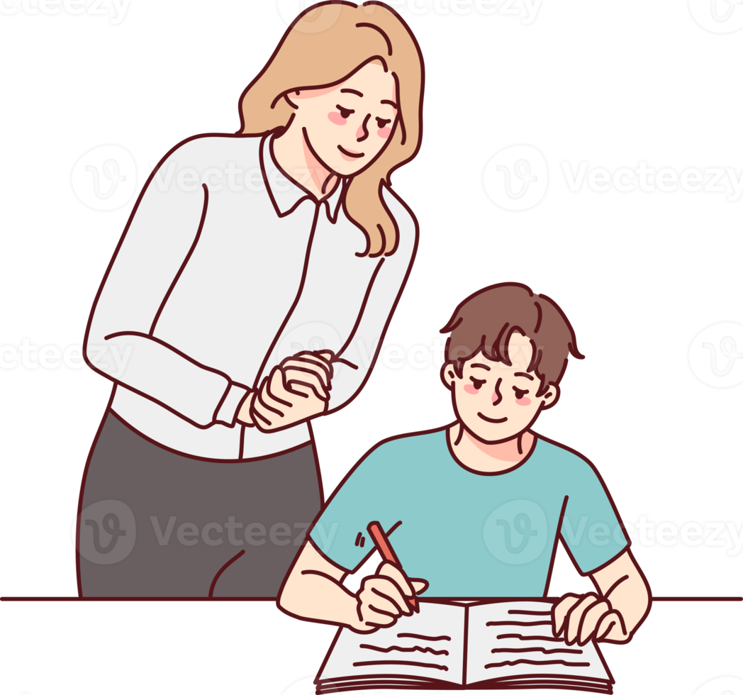 Teacher control pupil writing in notebook png