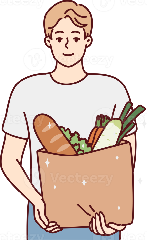 Smiling man holding bag with groceries png