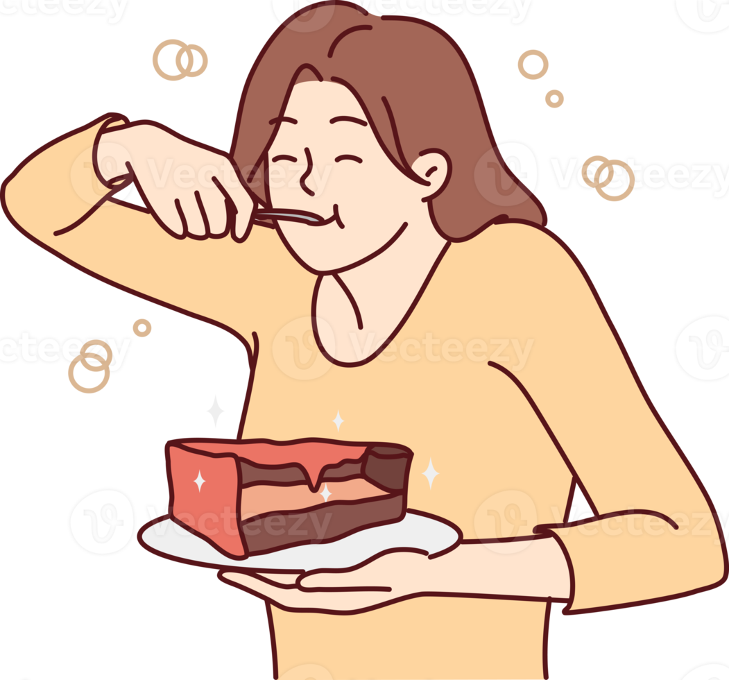 Young woman eating chocolate cake png